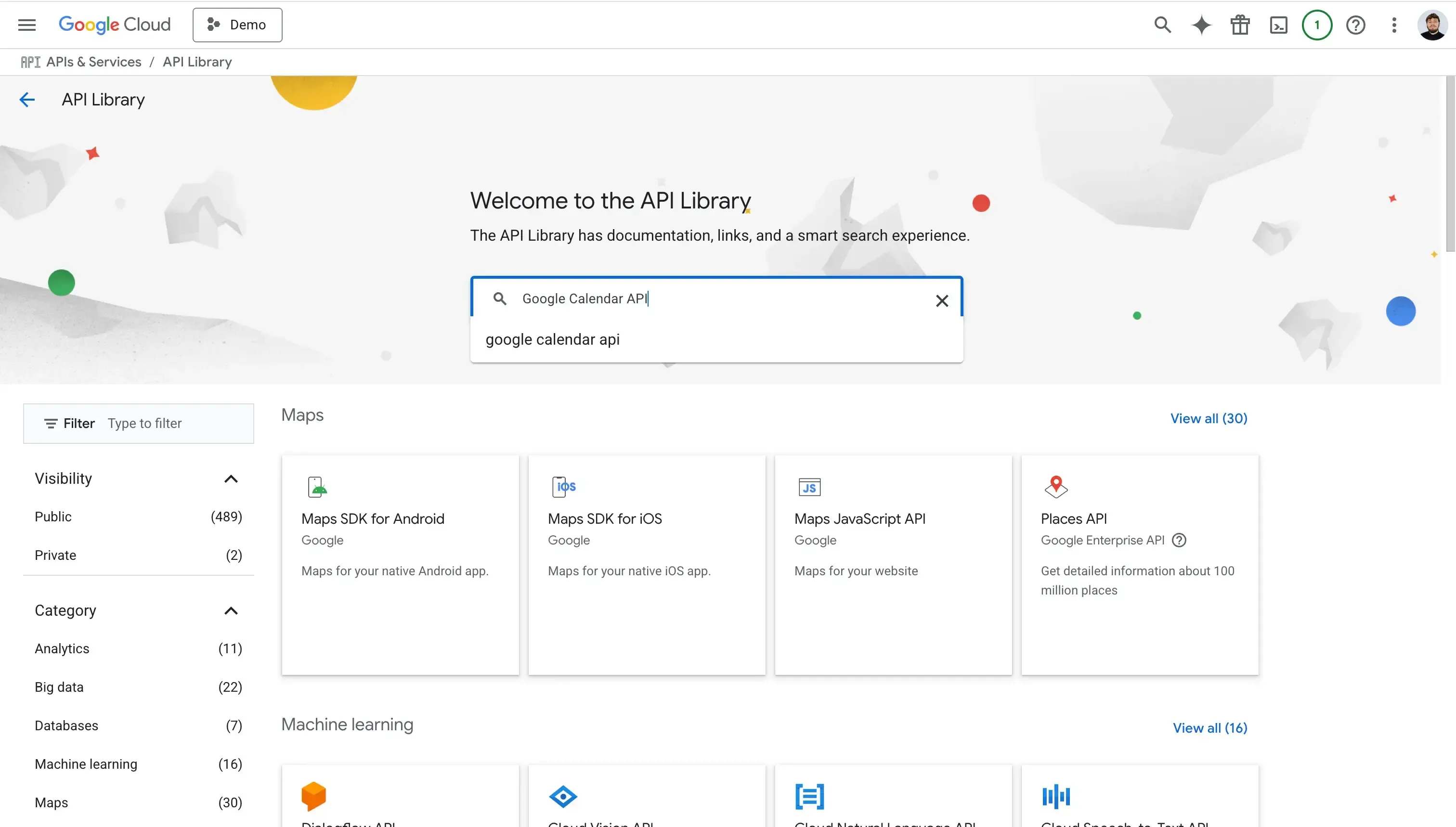 Search for Google Calendar API service