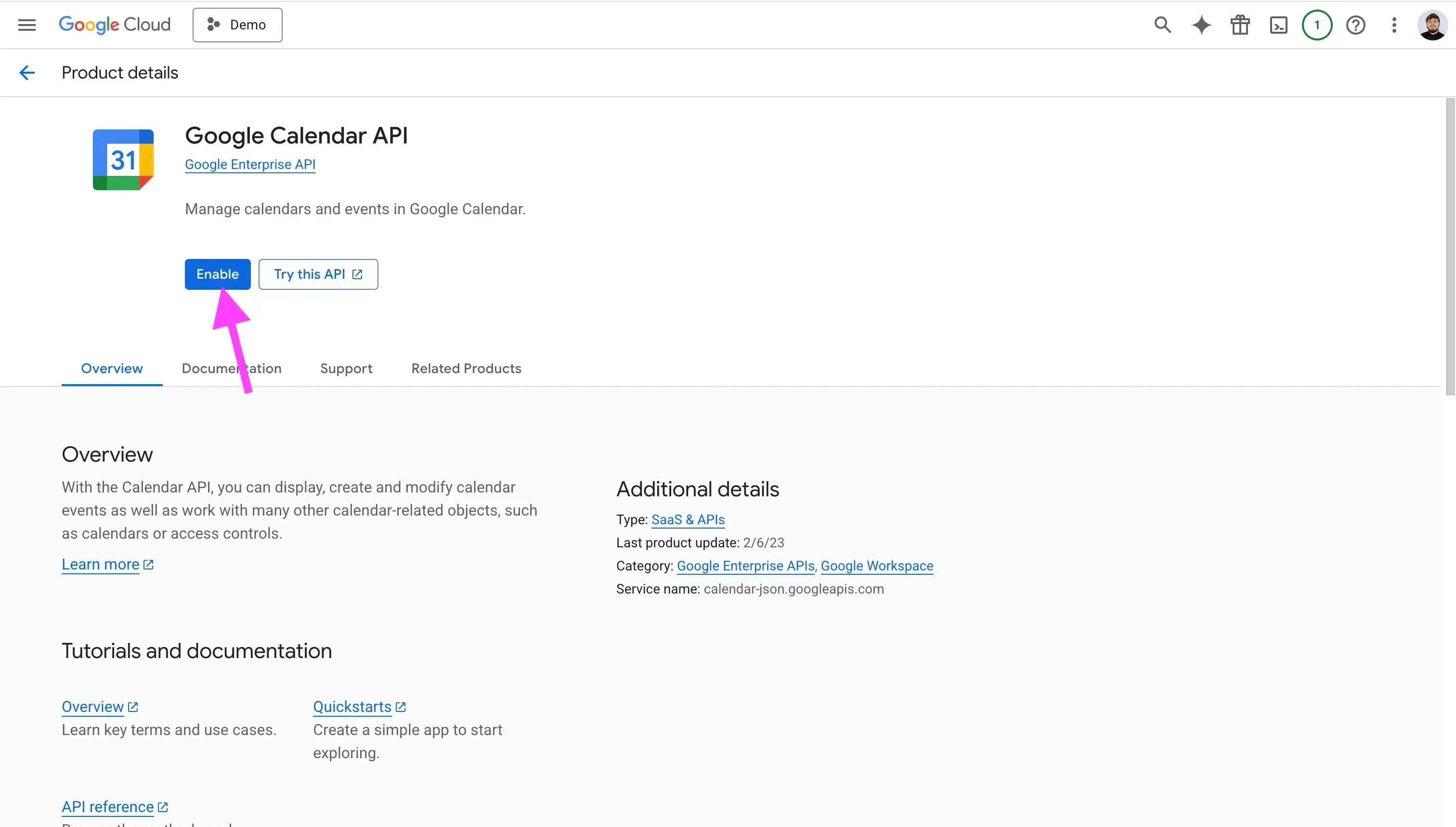 Enable Google Calendar API service