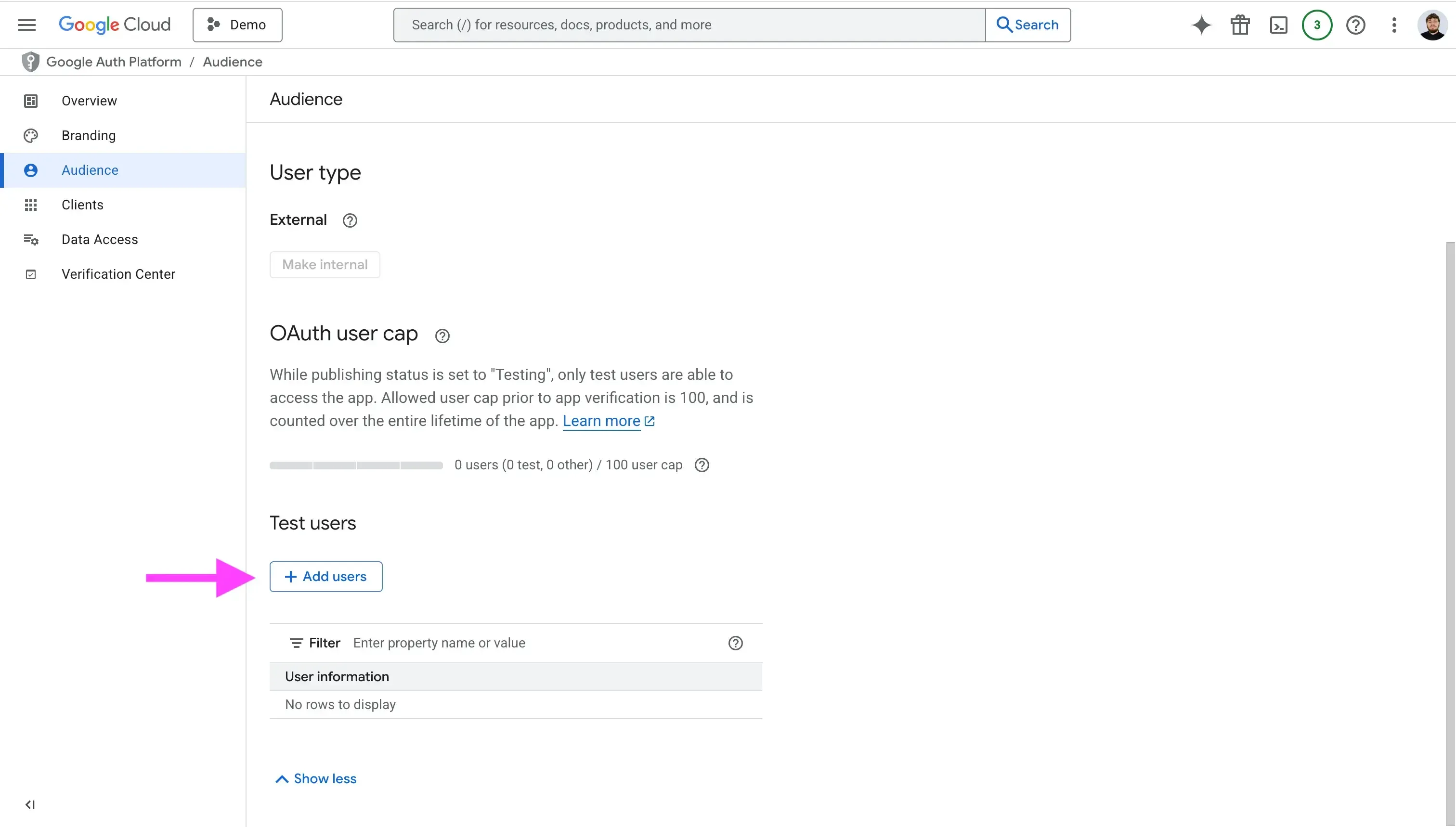 Test Users Section